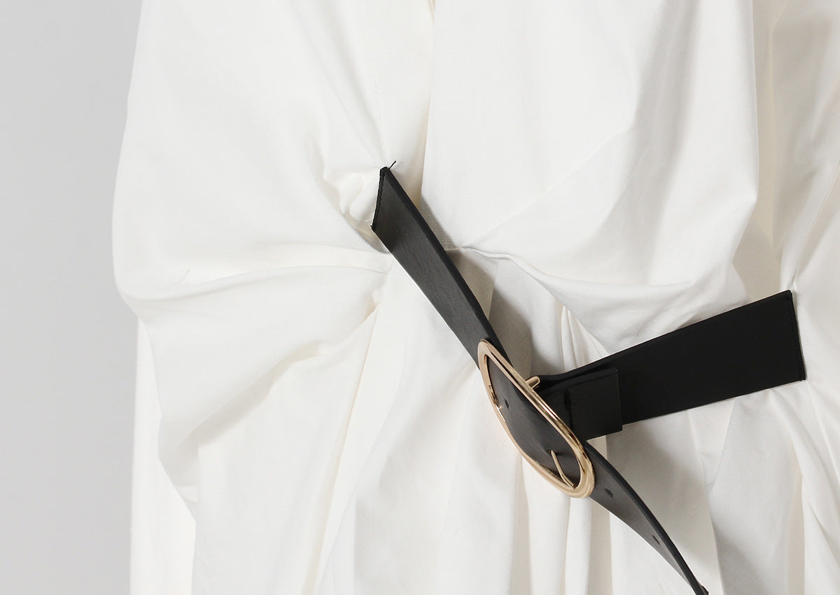 Pleated Waist Belted Mid-Length Shirt – White Casual Fashion Top - Modestly Vogue 