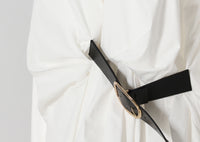 Pleated Waist Belted Mid-Length Shirt – White Casual Fashion Top - Modestly Vogue 