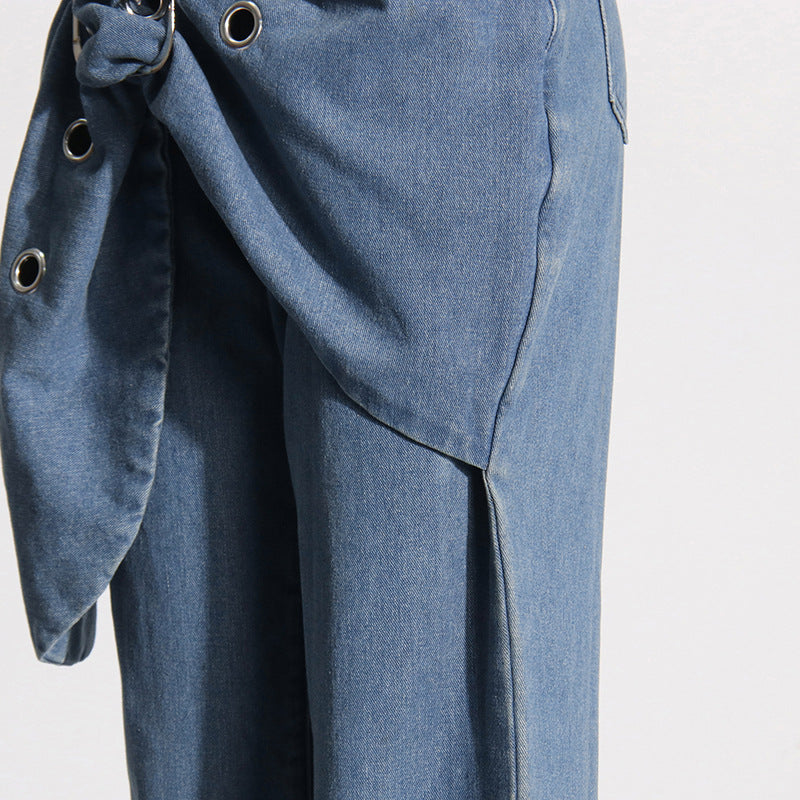 Blue Trendy Big Leaves Gold Accessories Stitching High Waist Wide Leg Jeans Women - Modestly Vogue 