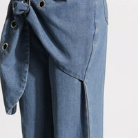 Blue Trendy Big Leaves Gold Accessories Stitching High Waist Wide Leg Jeans Women - Modestly Vogue 