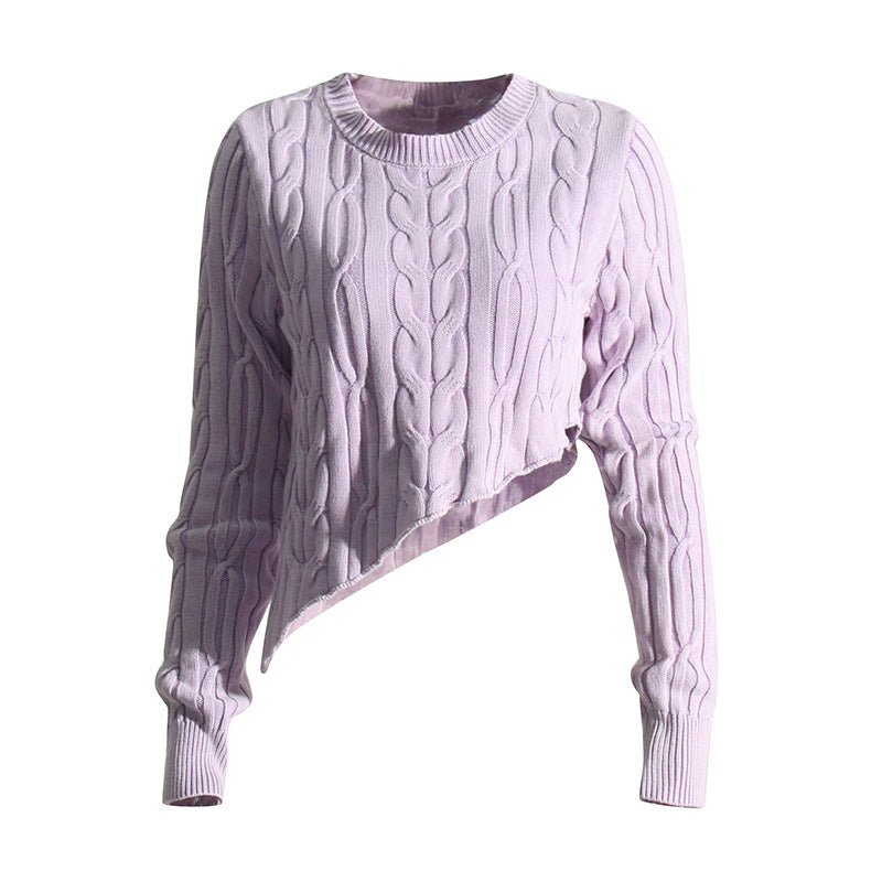 Pastel Idle Niche Irregular Asymmetric Hem Distressed Figure Flattering Short Sweater for Women