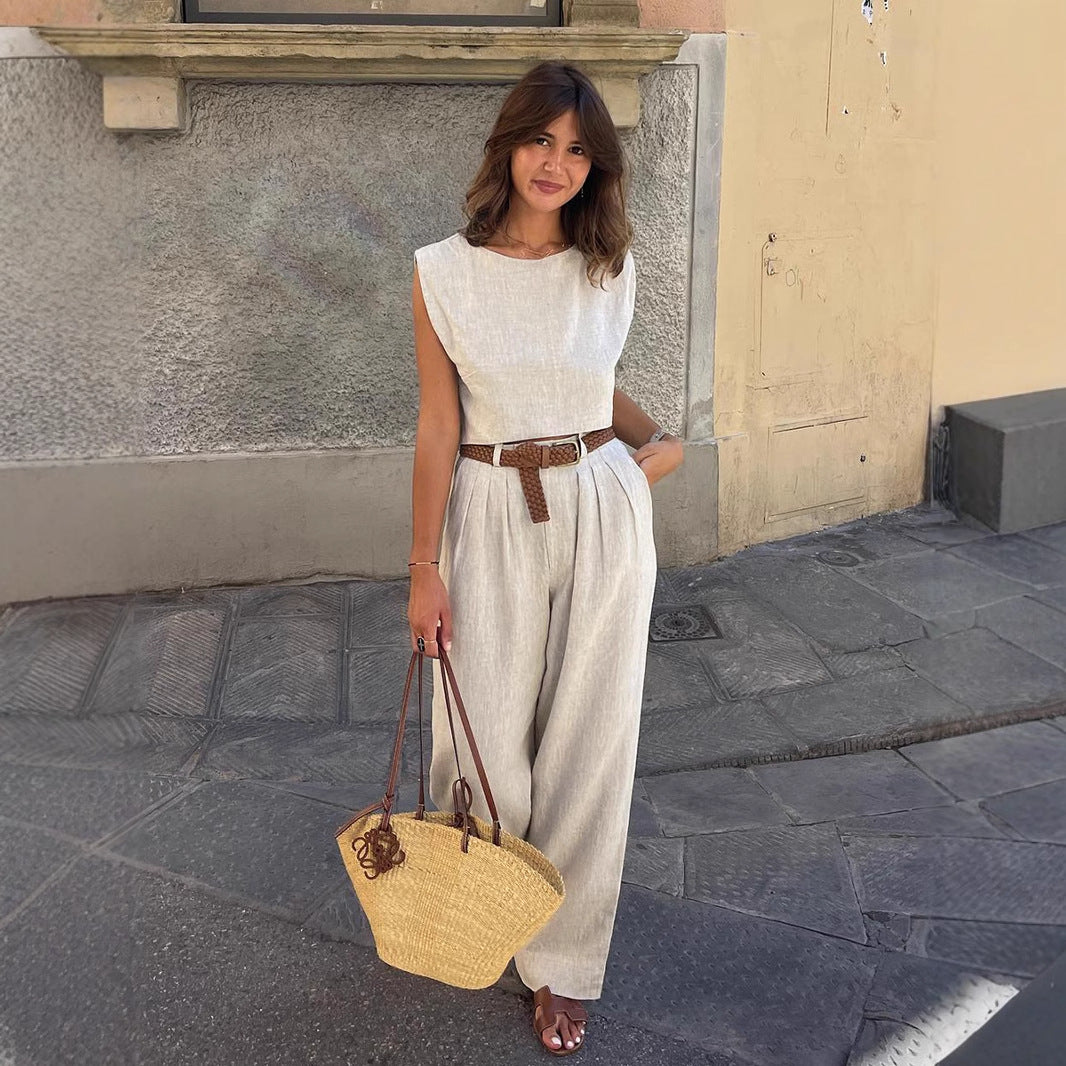 Linen Vest Pants Summer Sleeveless Vest Wide Leg Pants Casual Two Piece Sets - Modestly Vogue 