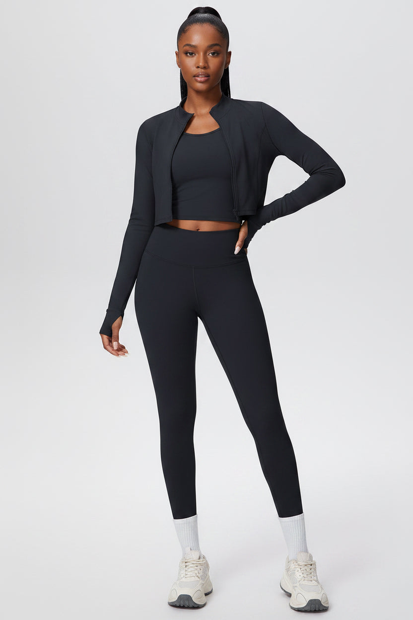 Women Solid Color Zip Long Sleeve Three Piece Yoga Set - Modestly Vogue 