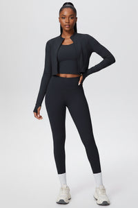 Women Solid Color Zip Long Sleeve Three Piece Yoga Set - Modestly Vogue 