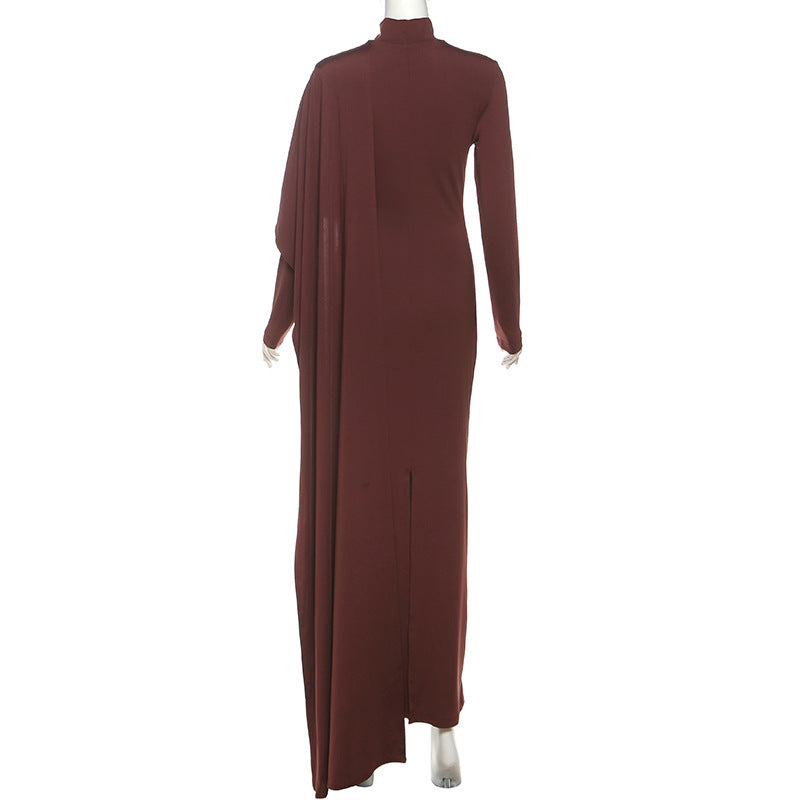 Brown Elegant High Neck Long Sleeves Flowing Scarf Maxi Dress - Modestly Vogue 