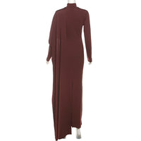 Brown Elegant High Neck Long Sleeves Flowing Scarf Maxi Dress - Modestly Vogue 