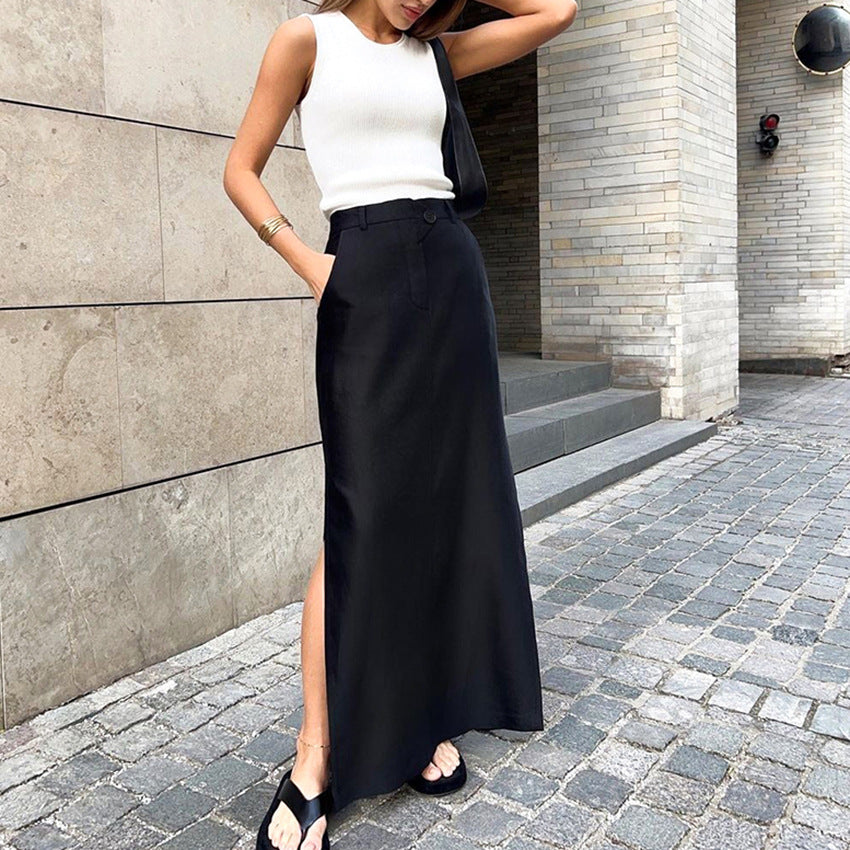 Black Cotton Silk Women Clothing Autumn Split High Waist Office Drape Skirt Skirt - Modestly Vogue 
