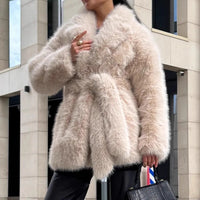 Thickened Faux Fur Coat Women – Mid-Length Belted Fox Fur Overcoat