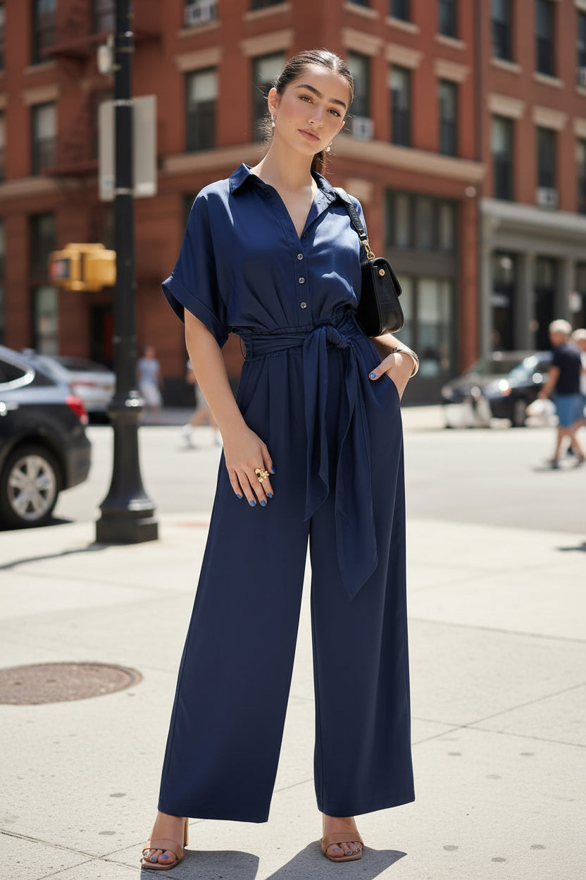 Polo Collar Breasted Lace up Short Sleeve Loose Wide Leg Denim Jumpsuit - Modestly Vogue 
