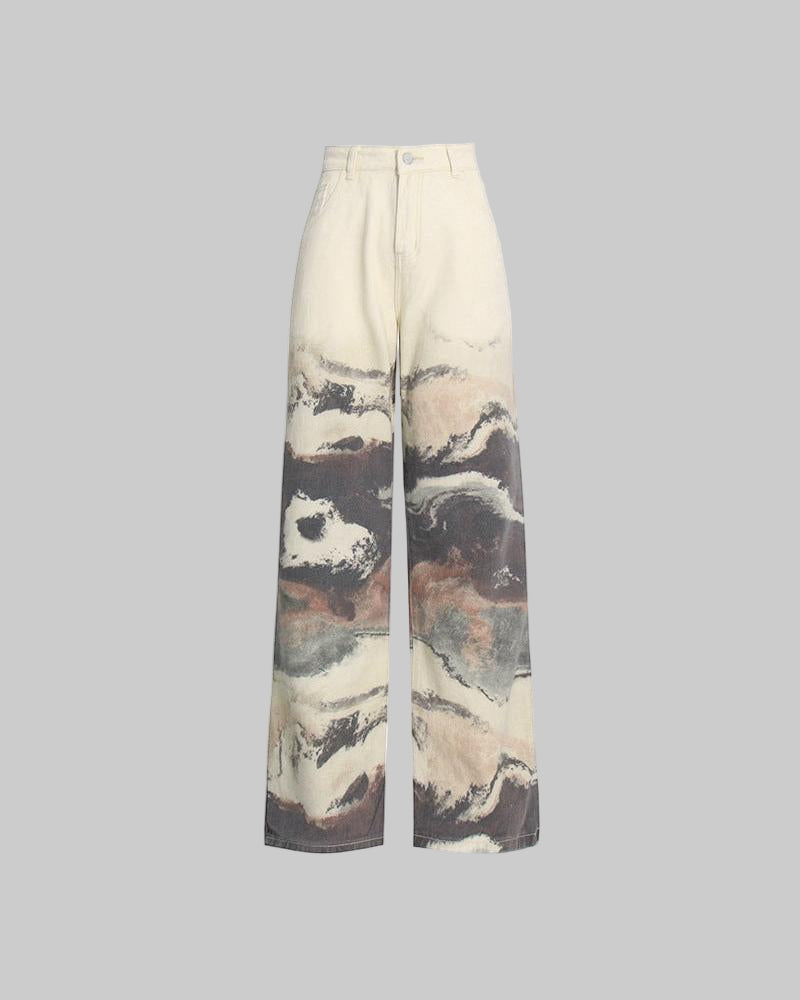 Neutral Blooming Ink Painting Patchwork Trousers for Women - High Waist Autumn Casual Jeans