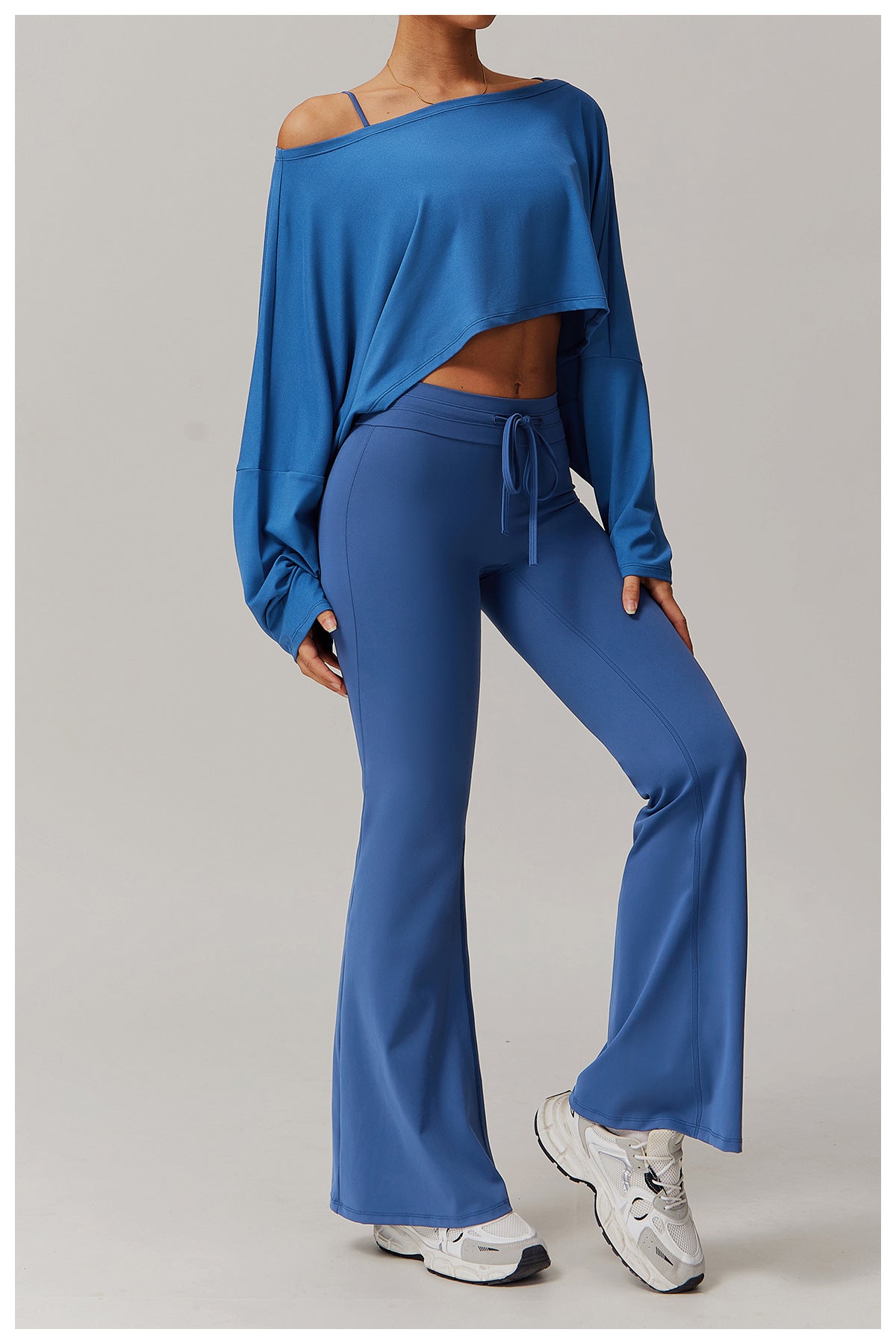 Off Shoulder Cropped Batwing Sleeve Long Sleeve Yoga Top - Modestly Vogue 