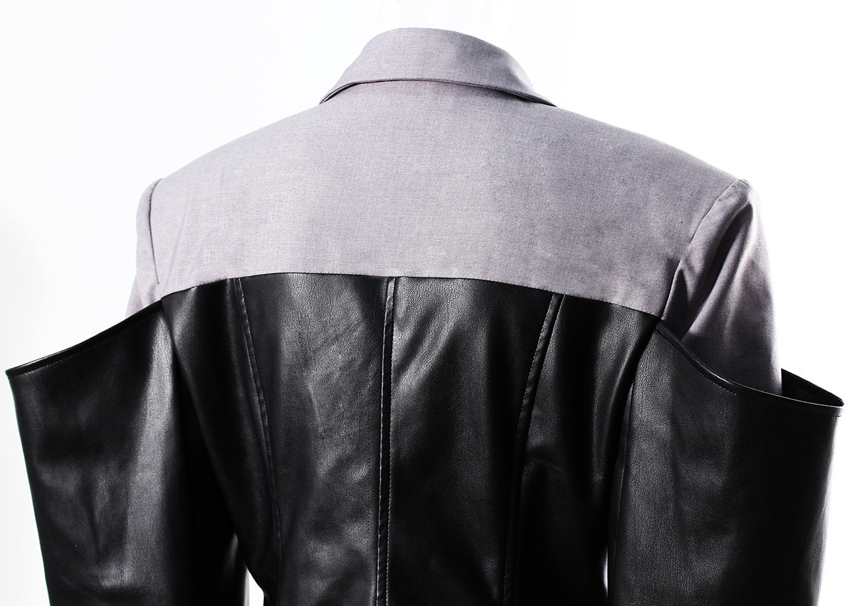 Women’s Faux Leather Stitching Blazer – Loose Autumn Jacket