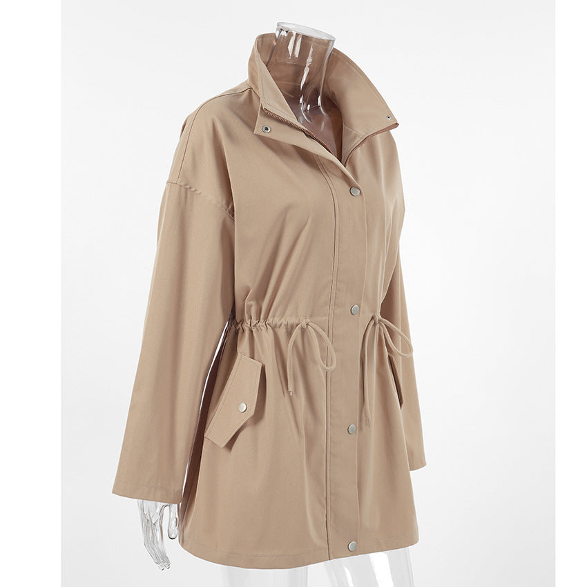 Women Mid Length Drawstring Trench Coat Casual Loose Fit - Modestly Vogue 