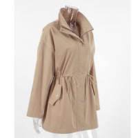 Women Mid Length Drawstring Trench Coat Casual Loose Fit - Modestly Vogue 