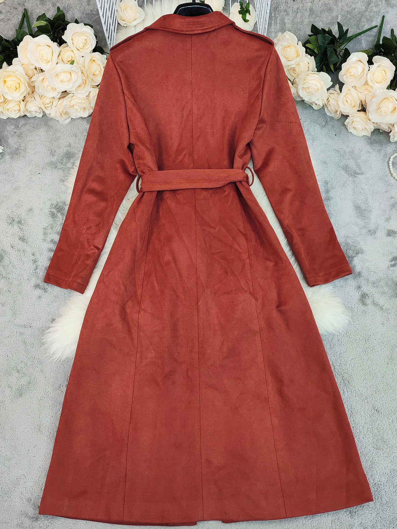 Suede Double Breasted Long Belted Trench coat