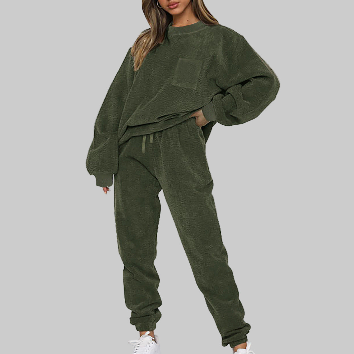 Spring Autumn Winter Women round Neck Long Sleeved Trousers Solid Color Casual Set - Modestly Vogue 