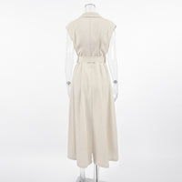 Spring Summer Cotton Linen Belted Office Dress for Women - Modestly Vogue 