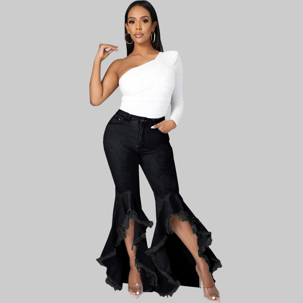 Ripped Washed Denim Stretch Slim Bell Bottom Jeans - Modestly Vogue 