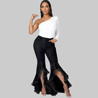 Ripped Washed Denim Stretch Slim Bell Bottom Jeans - Modestly Vogue 