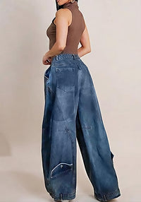 Washed Distressed Pocket Wide Loose Jeans Women