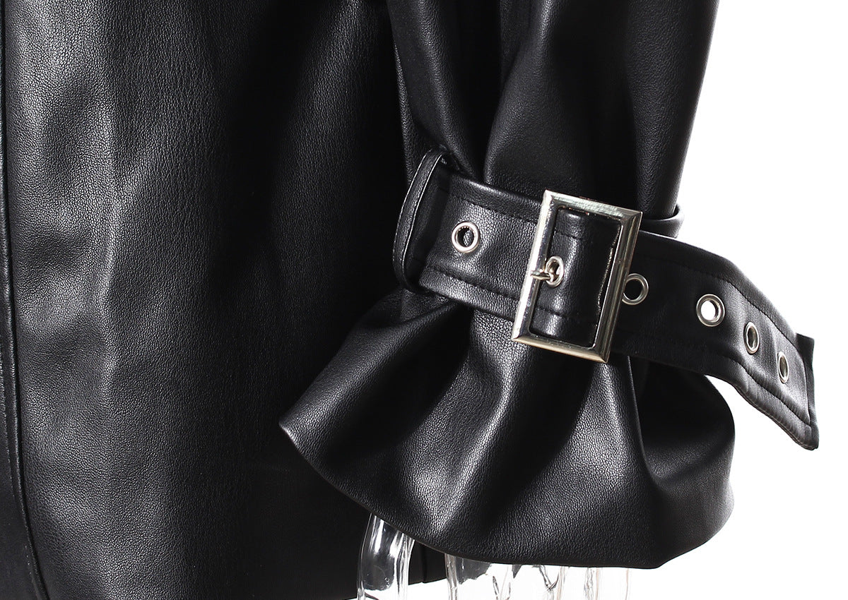 Women’s Faux Leather Stitching Blazer – Loose Autumn Jacket