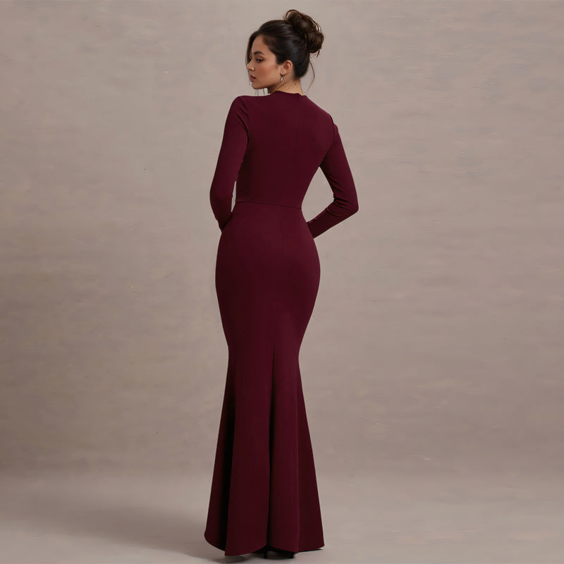 Private Wear Socialite Long Sleeve Thin Strap Slim Dress Autumn Winter Ruffled Maxi Dress - Modestly Vogue 