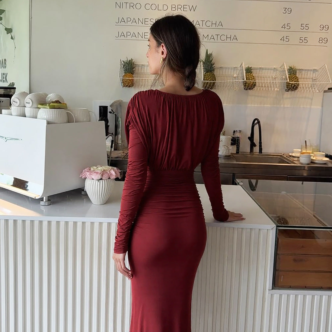 Elegant Pleated Waistline Slimming  V Neck Long Maxi Dress - Modestly Vogue 