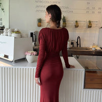 Elegant Pleated Waistline Slimming  V Neck Long Maxi Dress - Modestly Vogue 