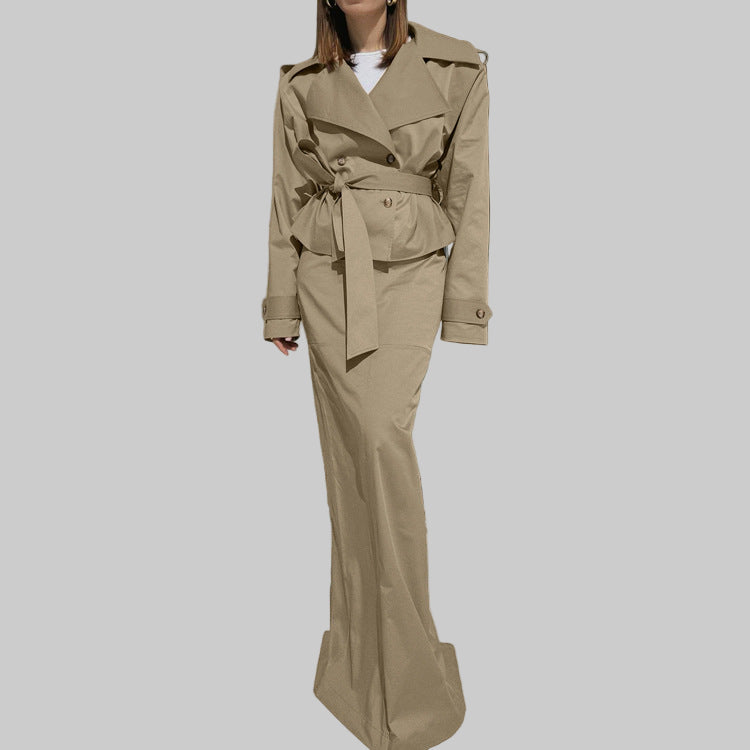 Polo Collar Long Sleeve Trench Coat & Skirt Set