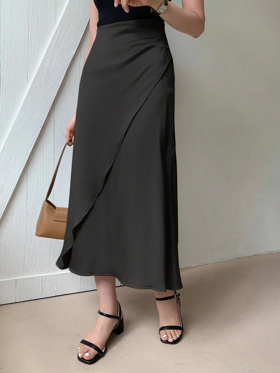 Women’s Satin Midi Skirt – Elegant Mid Length Silk Style - Modestly Vogue 