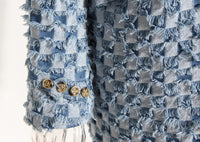 Blue Women Autumn Winter Color Contrast Patchwork Plaid Washed Worn Frayed Hem Denim Jacket