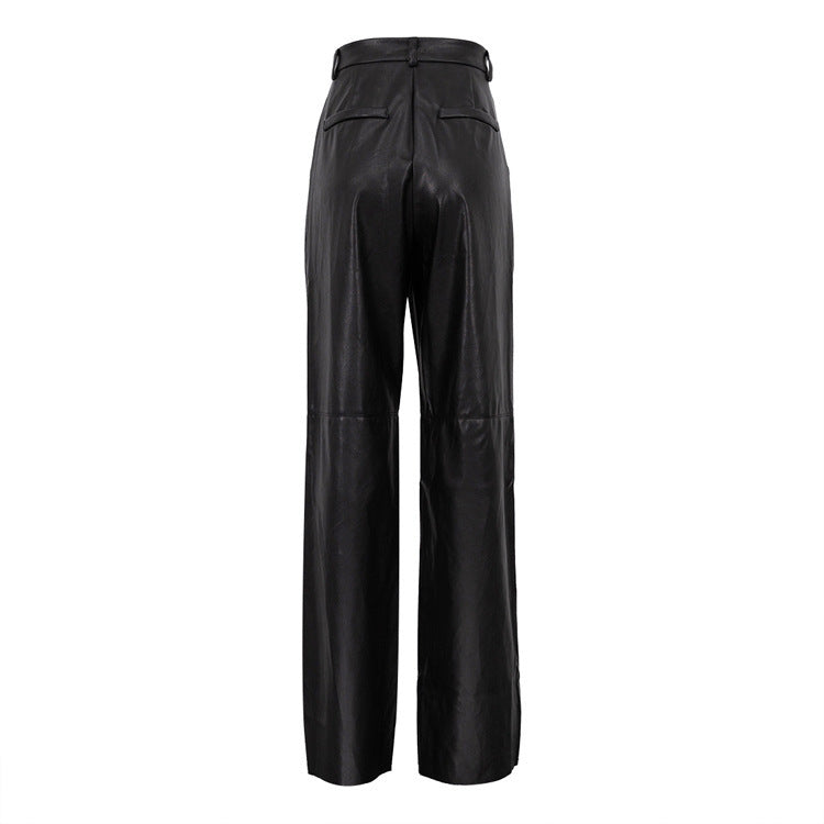 Women’s Spring Faux Leather High Waist Hip Lifting Straight Pants