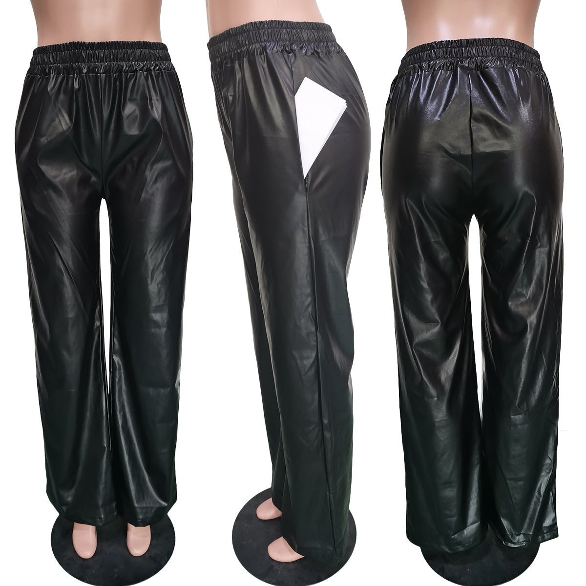Women Clothing Solid Color Loose Wide Leg Pocket Faux Leather Pants - Modestly Vogue 