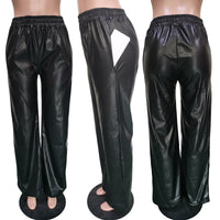 Women Clothing Solid Color Loose Wide Leg Pocket Faux Leather Pants - Modestly Vogue 