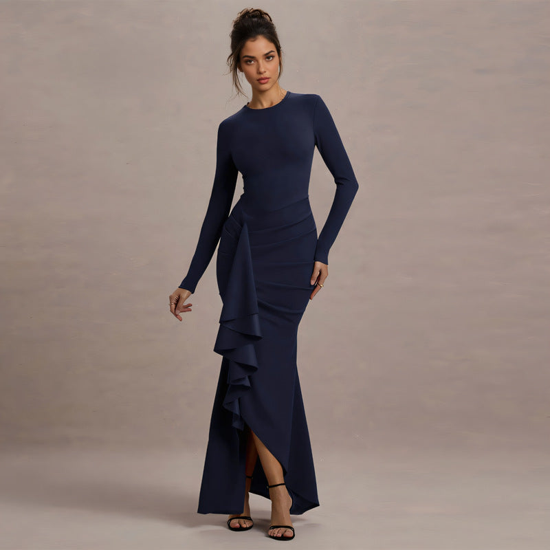 Private Wear Socialite Long Sleeve Thin Strap Slim Dress Autumn Winter Ruffled Maxi Dress - Modestly Vogue 