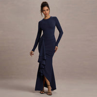 Private Wear Socialite Long Sleeve Thin Strap Slim Dress Autumn Winter Ruffled Maxi Dress - Modestly Vogue 