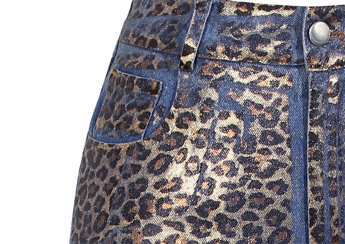 Niche Printed Gradual Layer Leopard Print Jeans Women Autumn Loose Street Straight Leg Trousers Tide