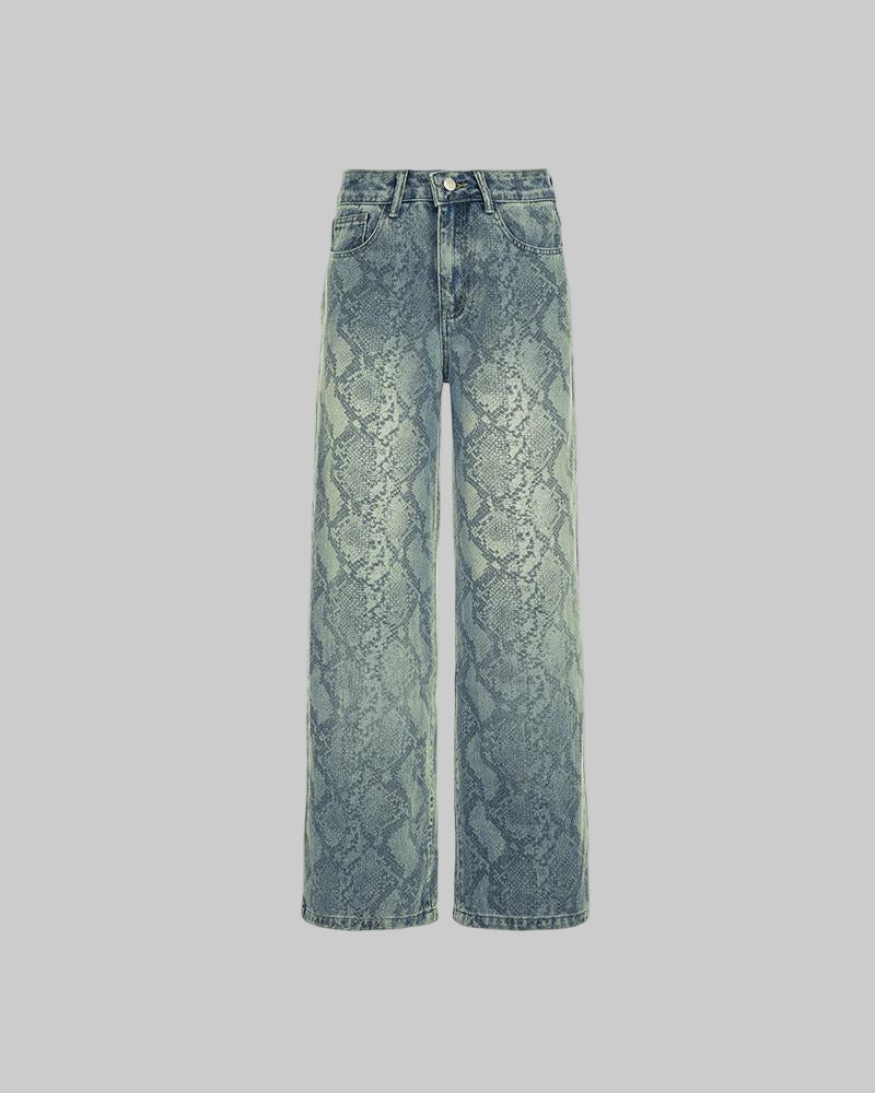 Earthtone Casual Street Snake Print Jeans Women Autumn High Waist Slimming Washed Drooping Straight Pants