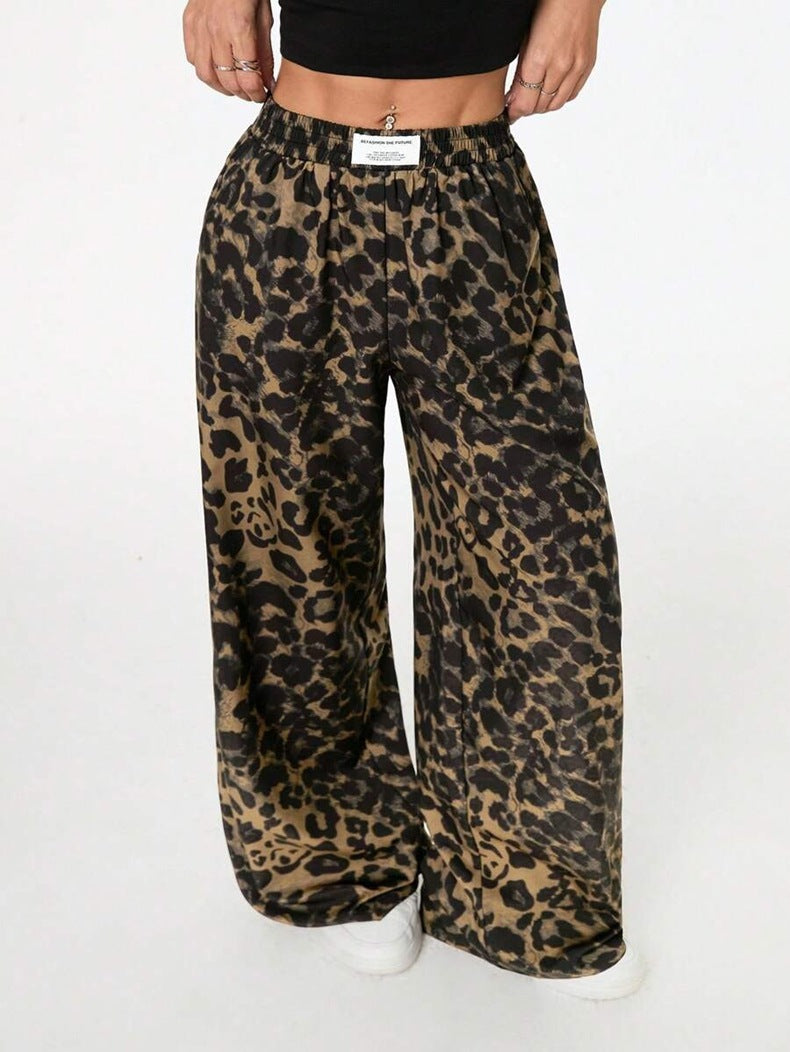 Women’s Winter Leopard Print Wide Leg Trousers – Casual Loose Fit