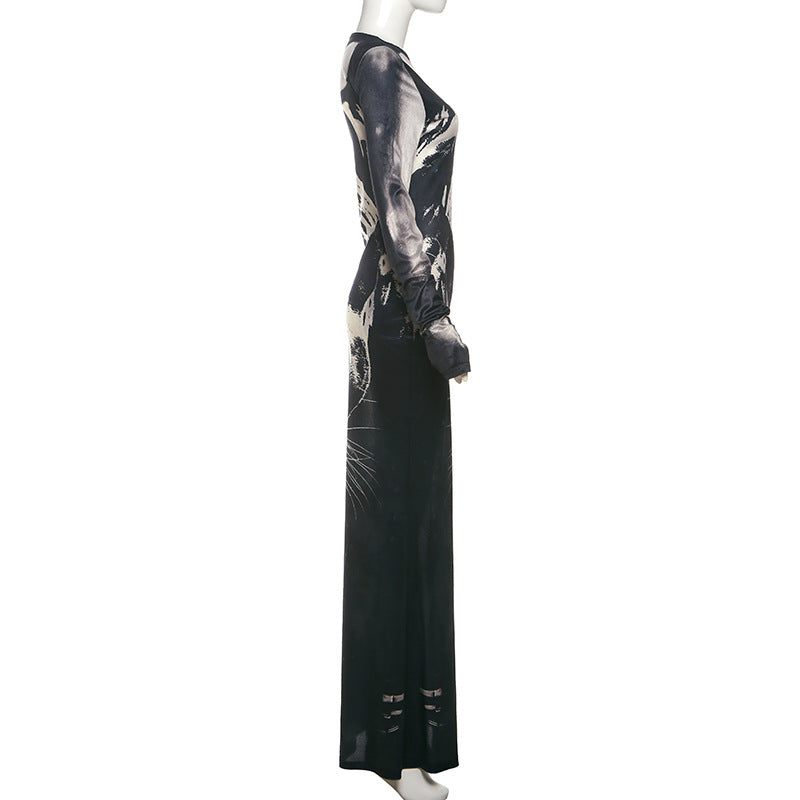 Animal Print Round Neck Long Sleeve Maxi Dress - Modestly Vogue 