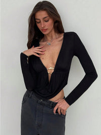 Black Hardware Plunging Neckline Top - Modestly Vogue 