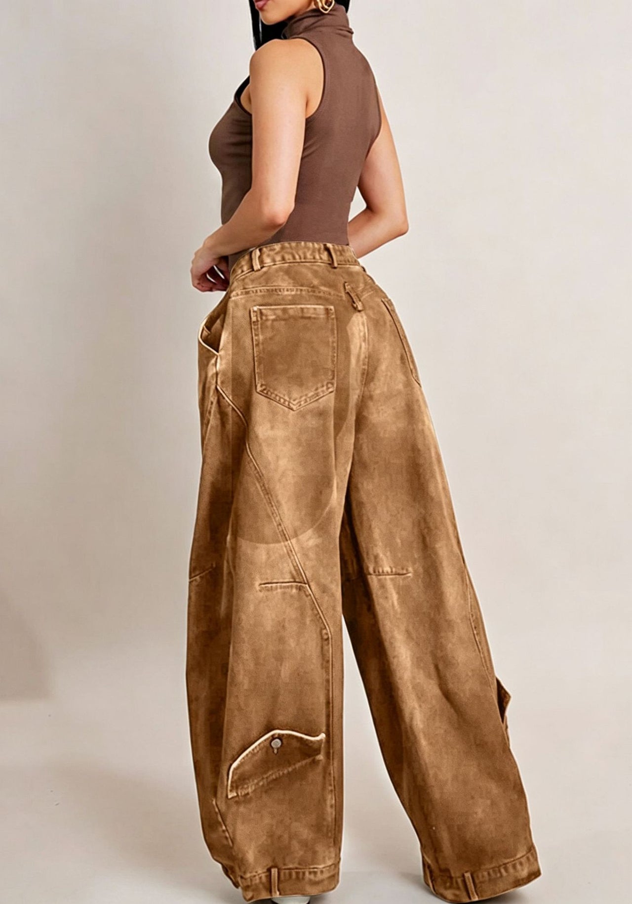 Washed Distressed Pocket Wide Loose Jeans Women