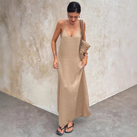 Casual Solid Color V neck Backless Sexy Sleeveless Strap Elegant Dress - Modestly Vogue 