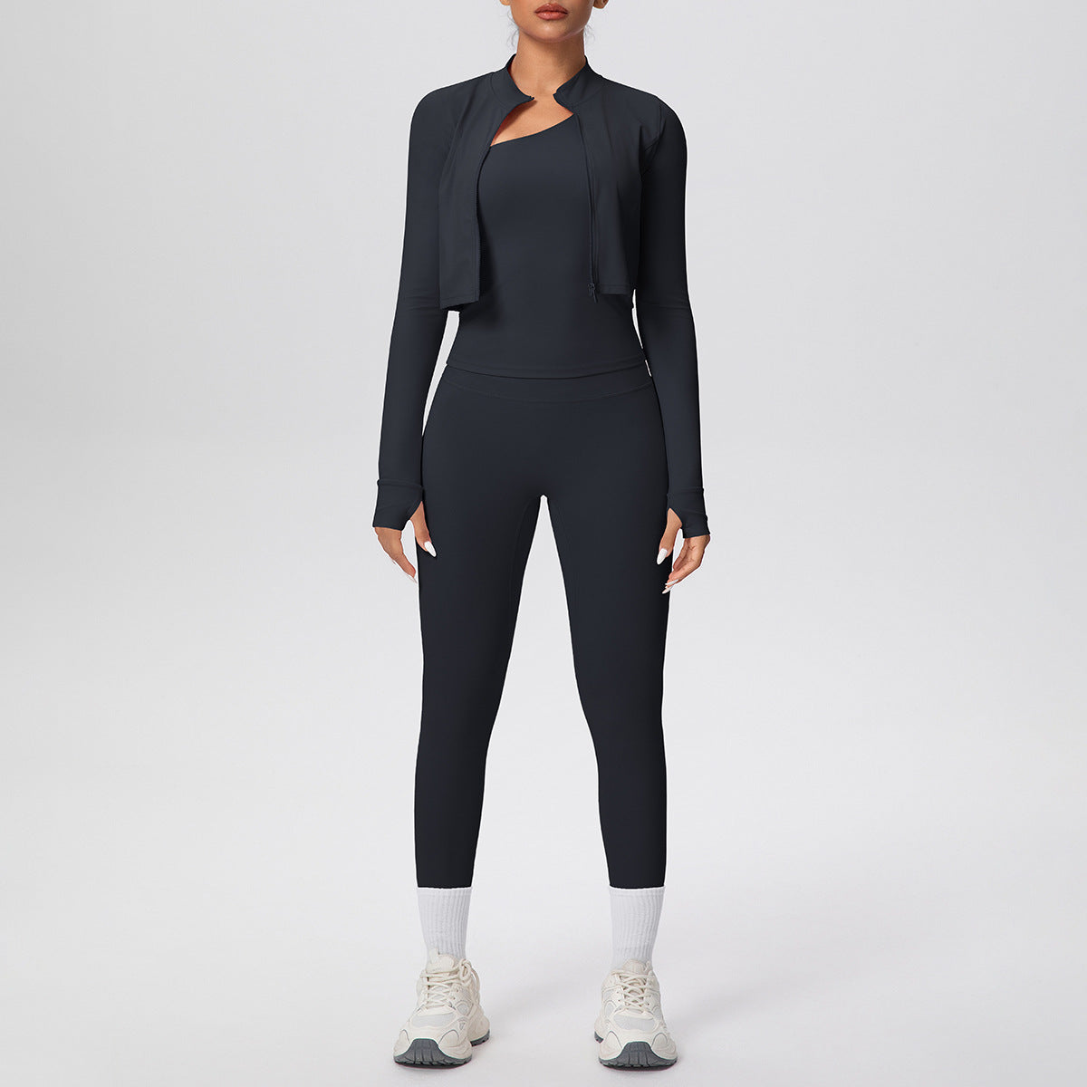 Women Solid Color Zip Long Sleeve Three Piece Yoga Set - Modestly Vogue 