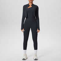 Women Solid Color Zip Long Sleeve Three Piece Yoga Set - Modestly Vogue 