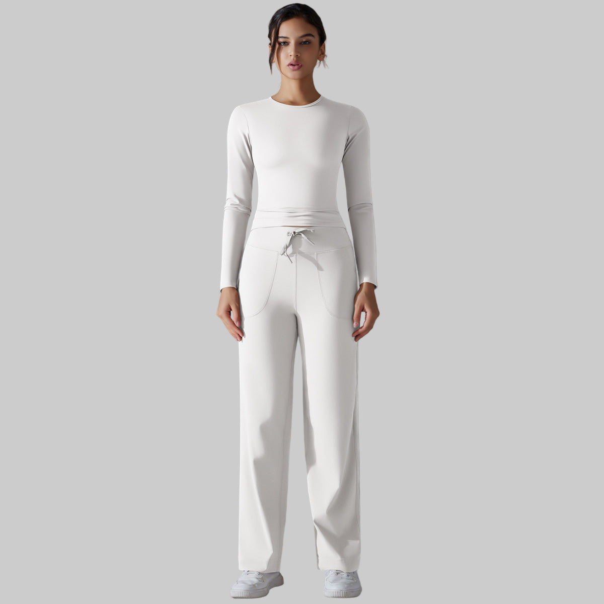 Nude Feel Skin Long Sleeve Yoga Workout Clothes Pocket Running Sports Drawstring Wide Leg Pants Sets - Modestly Vogue 