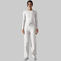 Nude Feel Skin Long Sleeve Yoga Workout Clothes Pocket Running Sports Drawstring Wide Leg Pants Sets - Modestly Vogue 