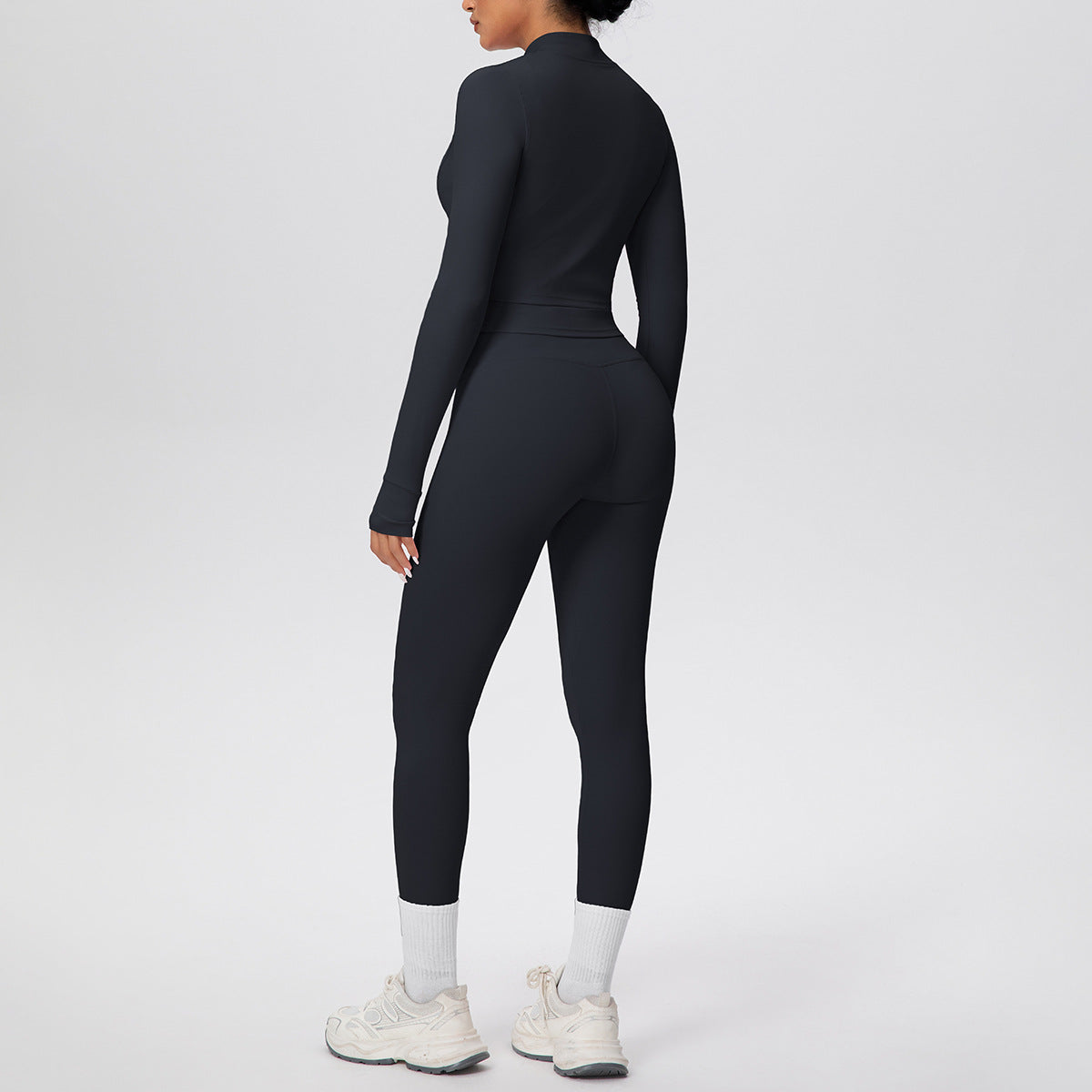 Women Solid Color Zip Long Sleeve Three Piece Yoga Set - Modestly Vogue 
