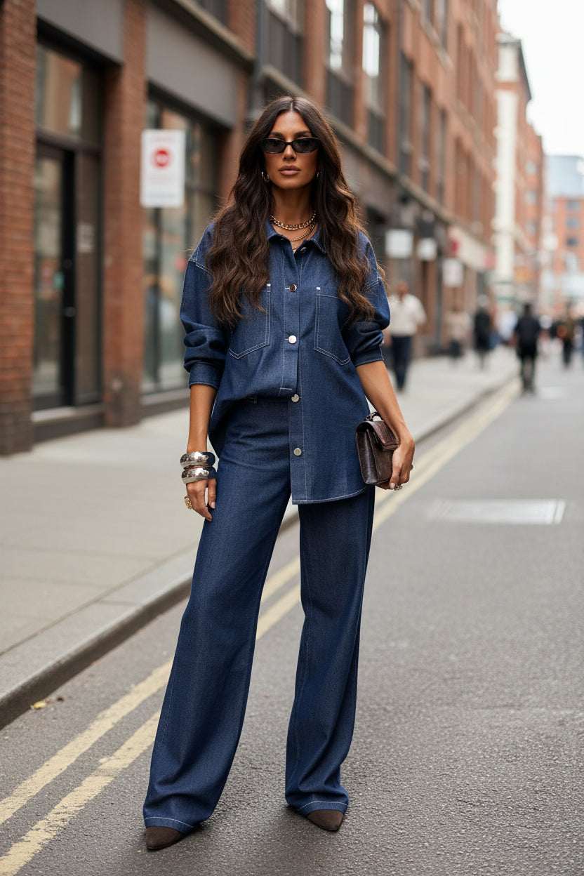 Women Clothing Personality Street Casual Slim Fit Shacket Denim Two Piece Sets - Modestly Vogue 