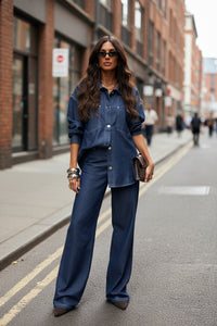 Women Clothing Personality Street Casual Slim Fit Shacket Denim Two Piece Sets - Modestly Vogue 